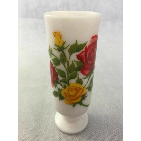 Avon Red Yellow Roses Flowers White Milk Glass Mug Handled Pedestal Bud Vase - Picture 9 of 13